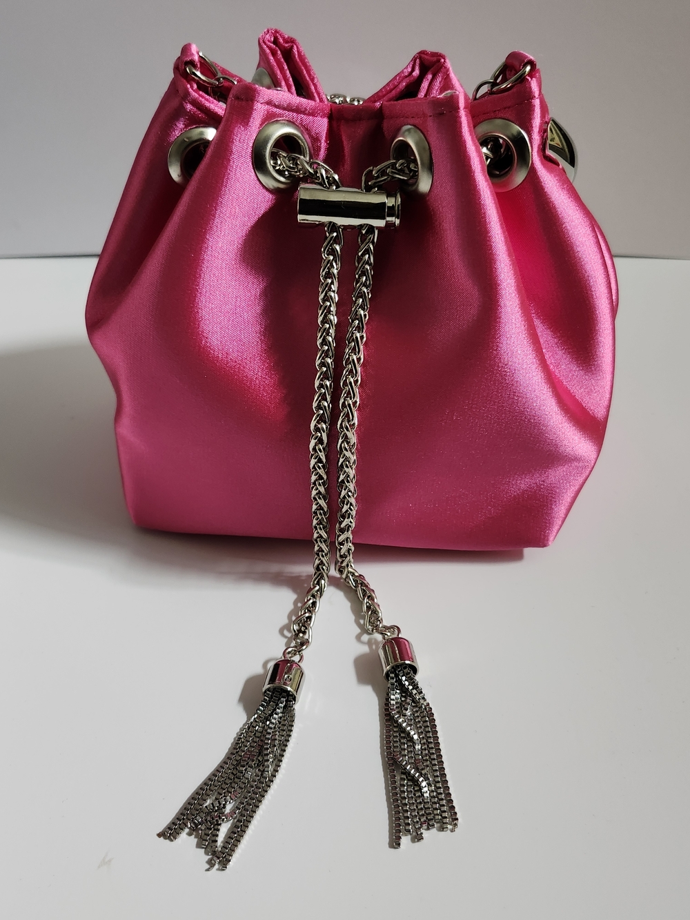 Satin Drawstring Mini Bucket Bag in Hot Pink